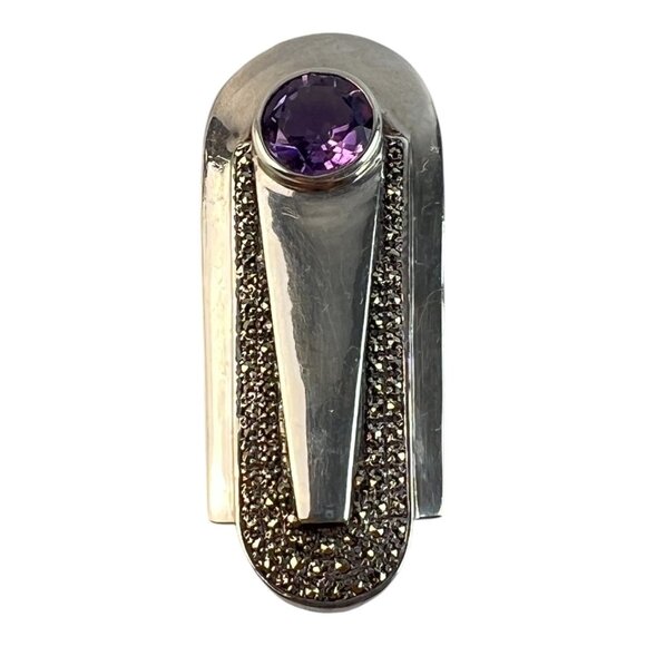 Art Deco Style Heirloom 73 Sterling Silver Amethyst Marcasite Unisex Lapel Pin - Picture 5 of 7